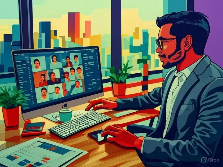 AI vs. HR Managers in India: Automation, Empathy, and the Future of HR 1 A vibrant digital art depiction of a modern Indian office cabin, featuring an HR manager in a traditional kurta and blazer working at a desk with a laptop. The laptop screen shows a futuristic AI interface with charts and a diverse team on a video call. Subtle Indian elements like a potted plant, a framed temple picture, and a cup of chai adorn the desk. Warm lighting highlights the human connection, with a bustling city skyline visible through a large window, blending technology and cultural value