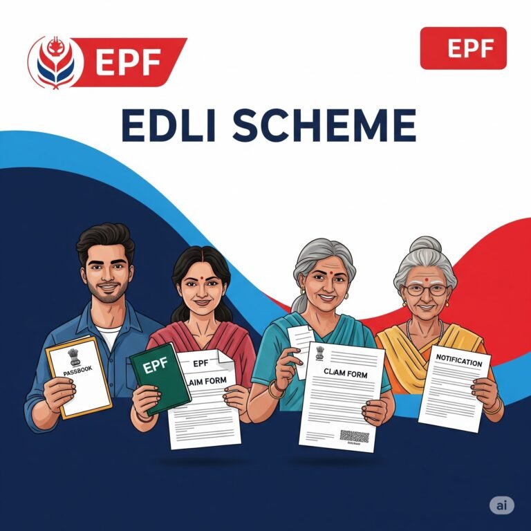 EDLI Scheme 2025: A Comprehensive Guide. 1 A vibrant graphic shows diverse individuals holding EDLI and EPF documents, with the EPF logo prominent against a dynamic blue and red background, representing the EDLI Scheme under the EPF Act in India.