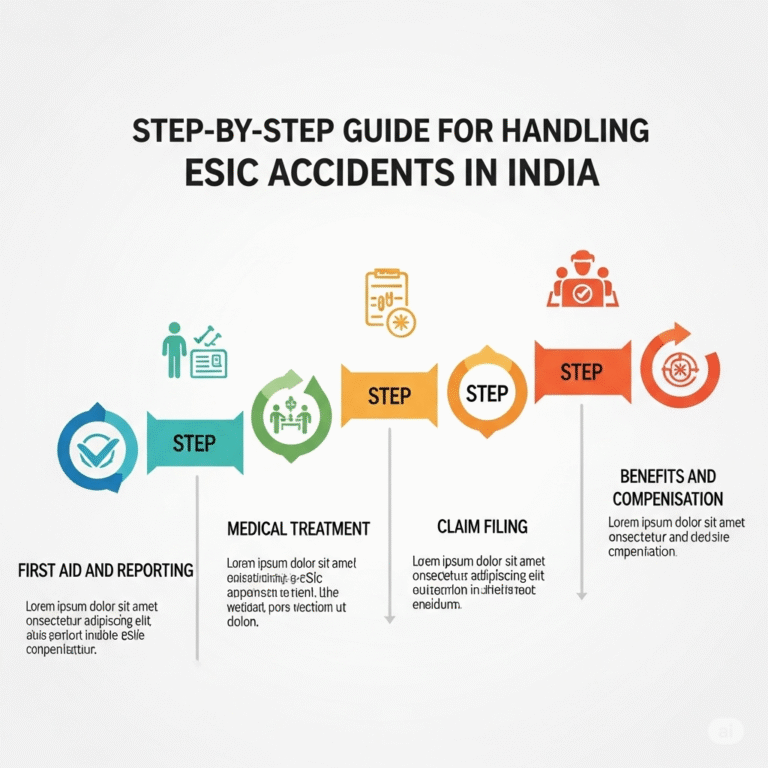 Color infographic showing five steps to handle ESIC workplace accidents: first aid, medical treatment, claim filing, and compensation