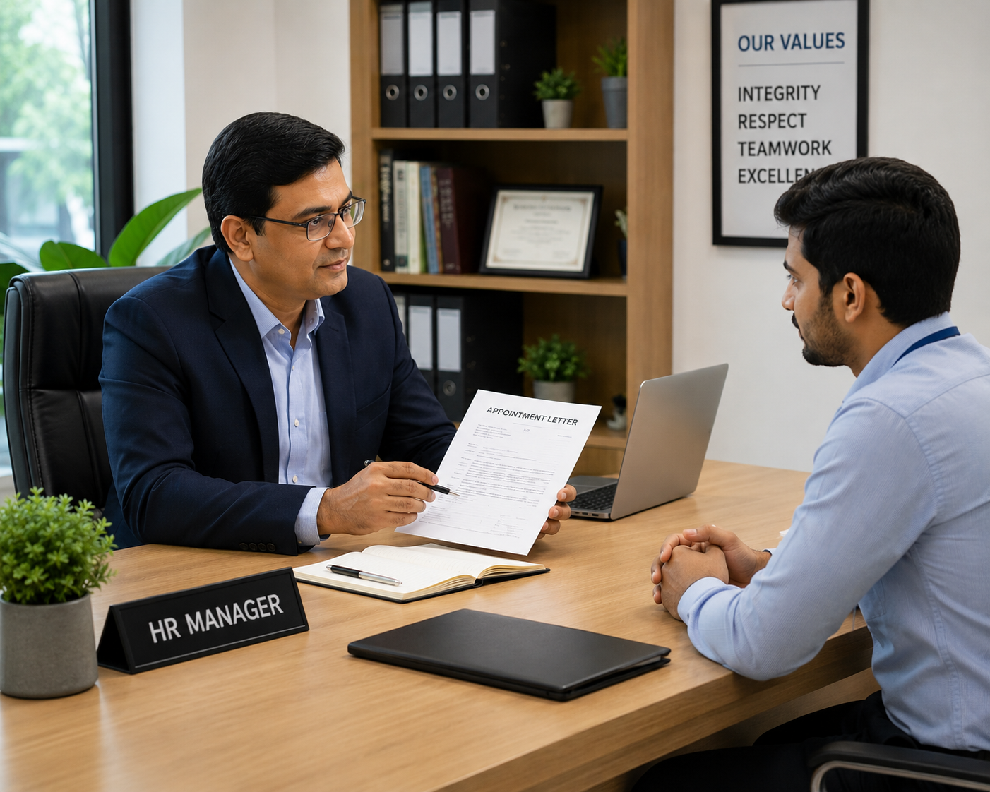 HR manager discussing BGV discrepancy with employee at desk