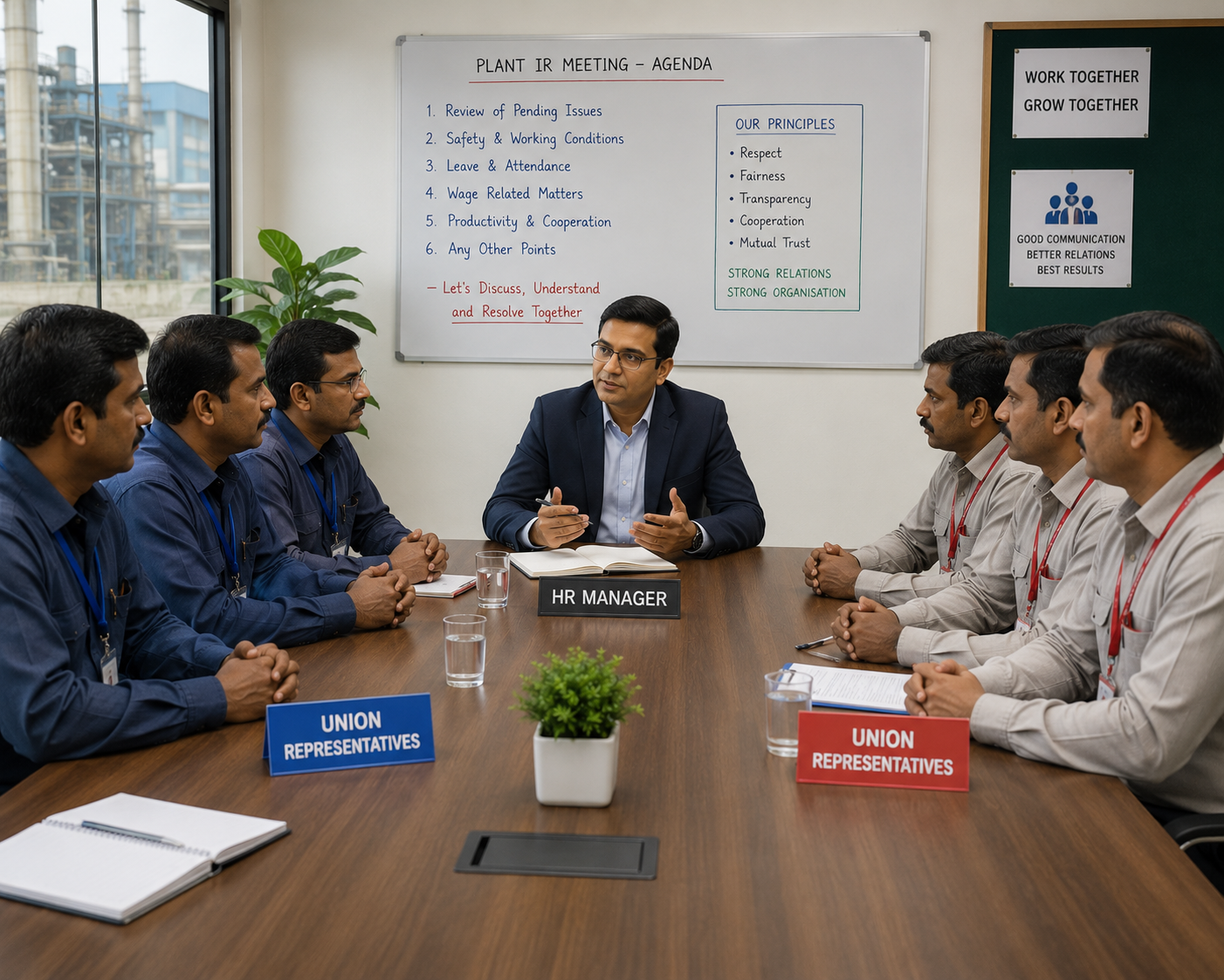 "HR manager discussing charter of demands with factory union representatives"